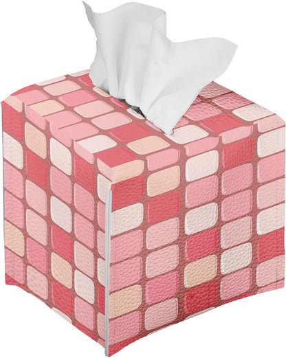 Tissue Box Cover, Square with Bottom Metal Button Belt, PU Leather Pink Checkerboard Decorative Tissue Holder and Organizer for Tabletop, Bathroom, Office, Car