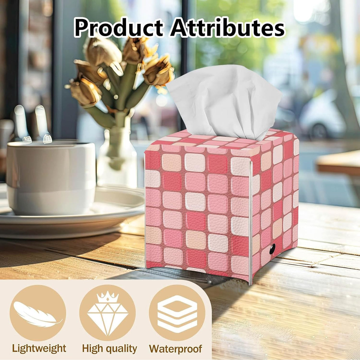 Tissue Box Cover, Square with Bottom Metal Button Belt, PU Leather Pink Checkerboard Decorative Tissue Holder and Organizer for Tabletop, Bathroom, Office, Car