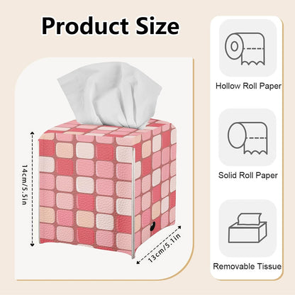 Tissue Box Cover, Square with Bottom Metal Button Belt, PU Leather Pink Checkerboard Decorative Tissue Holder and Organizer for Tabletop, Bathroom, Office, Car