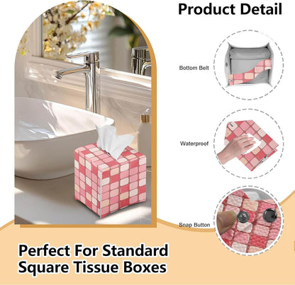Tissue Box Cover, Square with Bottom Metal Button Belt, PU Leather Pink Checkerboard Decorative Tissue Holder and Organizer for Tabletop, Bathroom, Office, Car