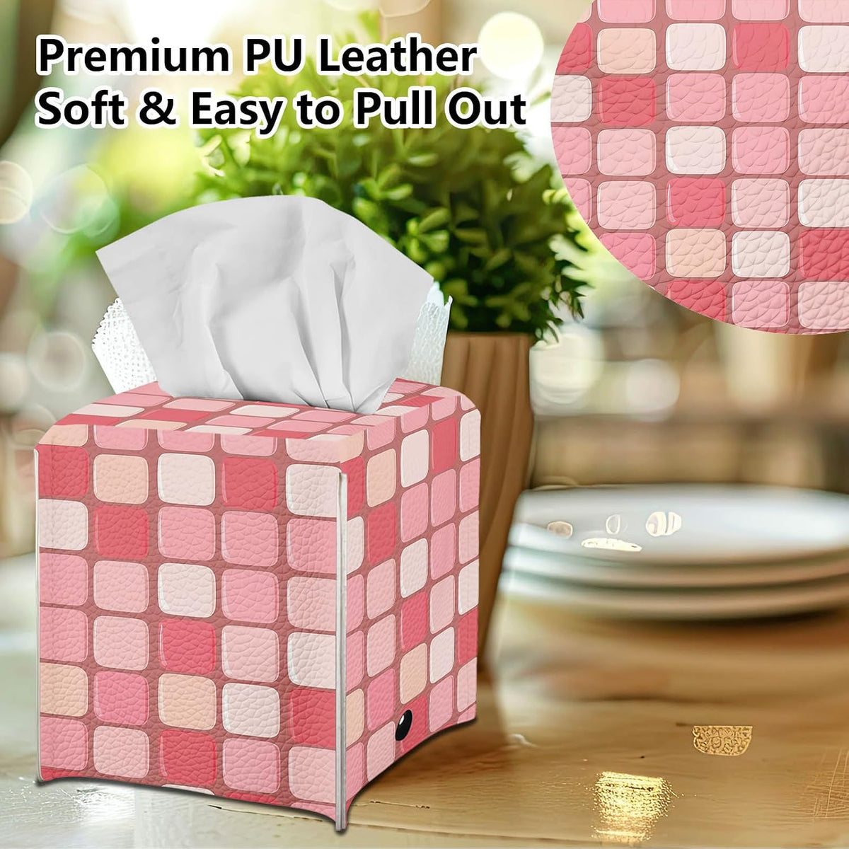 Tissue Box Cover, Square with Bottom Metal Button Belt, PU Leather Pink Checkerboard Decorative Tissue Holder and Organizer for Tabletop, Bathroom, Office, Car