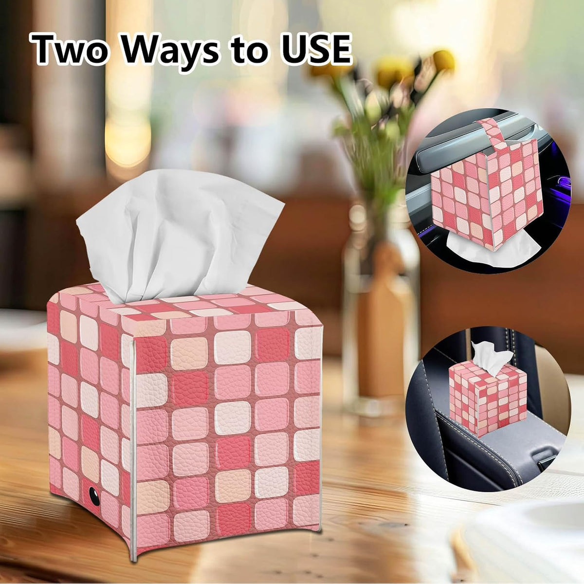 Tissue Box Cover, Square with Bottom Metal Button Belt, PU Leather Pink Checkerboard Decorative Tissue Holder and Organizer for Tabletop, Bathroom, Office, Car