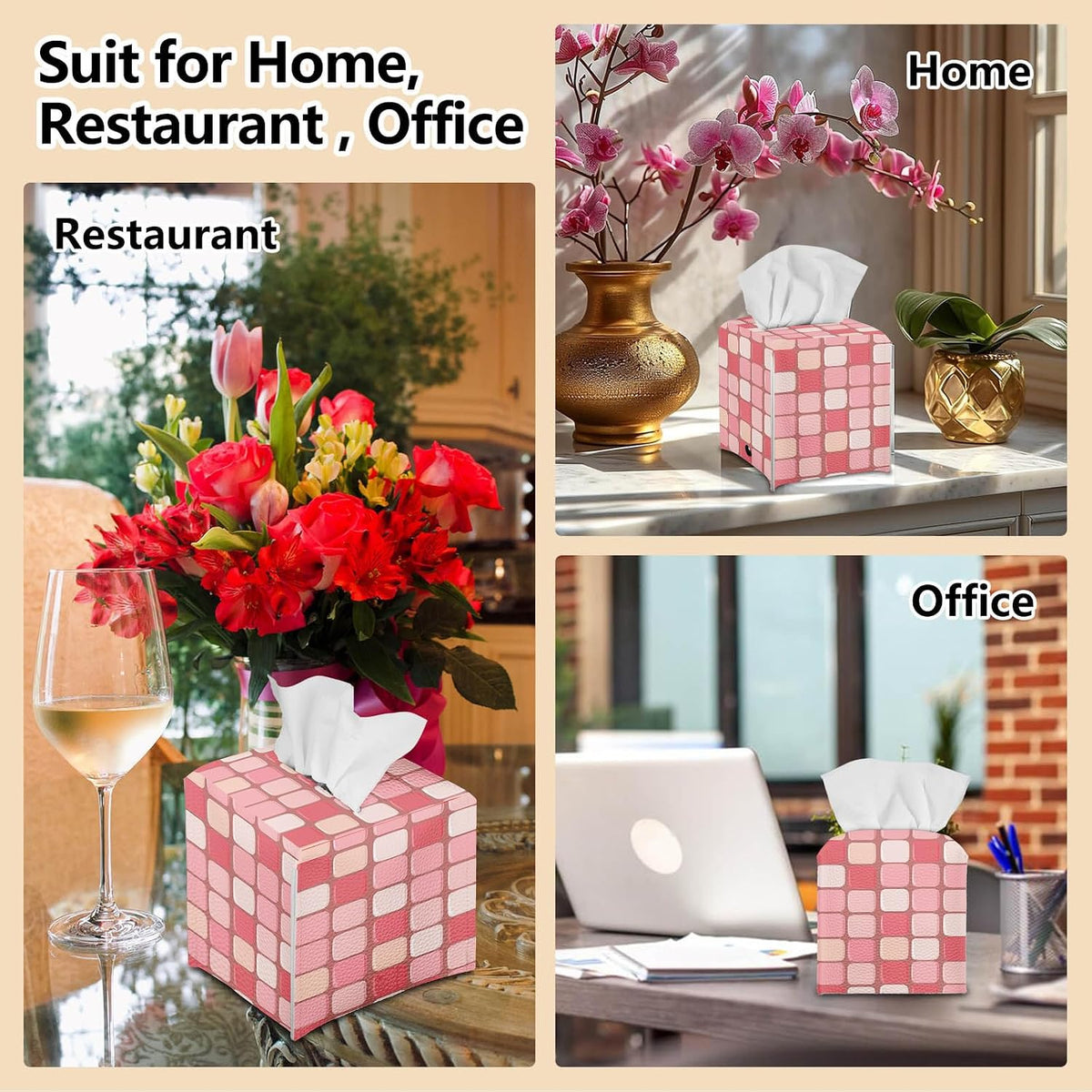 Tissue Box Cover, Square with Bottom Metal Button Belt, PU Leather Pink Checkerboard Decorative Tissue Holder and Organizer for Tabletop, Bathroom, Office, Car