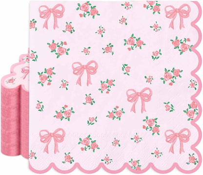 FYSUIMU 50Pcs Floral Bow Paper Napkins Pink Bowknot Flower Luncheon Napkin Scalloped Coquette Cute Disposable Dinner Napkins for Spring Wedding Bridal Shower Home Party Supplies