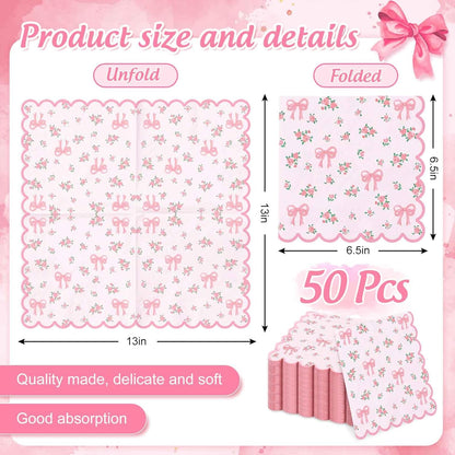 FYSUIMU 50Pcs Floral Bow Paper Napkins Pink Bowknot Flower Luncheon Napkin Scalloped Coquette Cute Disposable Dinner Napkins for Spring Wedding Bridal Shower Home Party Supplies
