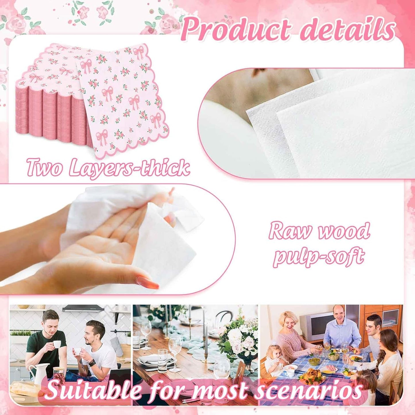 FYSUIMU 50Pcs Floral Bow Paper Napkins Pink Bowknot Flower Luncheon Napkin Scalloped Coquette Cute Disposable Dinner Napkins for Spring Wedding Bridal Shower Home Party Supplies