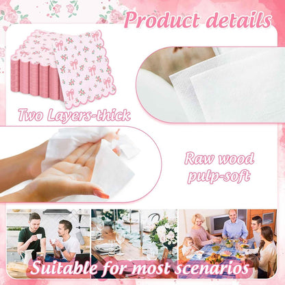 FYSUIMU 50Pcs Floral Bow Paper Napkins Pink Bowknot Flower Luncheon Napkin Scalloped Coquette Cute Disposable Dinner Napkins for Spring Wedding Bridal Shower Home Party Supplies
