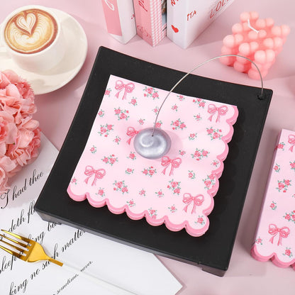 FYSUIMU 50Pcs Floral Bow Paper Napkins Pink Bowknot Flower Luncheon Napkin Scalloped Coquette Cute Disposable Dinner Napkins for Spring Wedding Bridal Shower Home Party Supplies