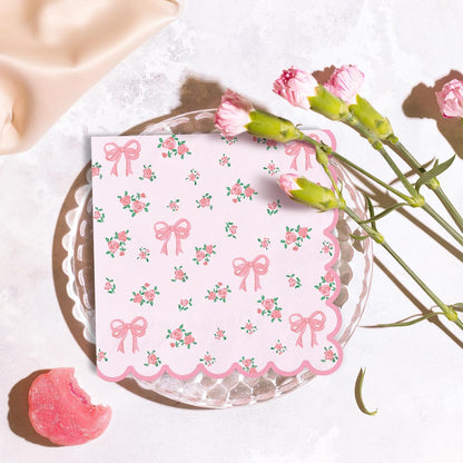 FYSUIMU 50Pcs Floral Bow Paper Napkins Pink Bowknot Flower Luncheon Napkin Scalloped Coquette Cute Disposable Dinner Napkins for Spring Wedding Bridal Shower Home Party Supplies