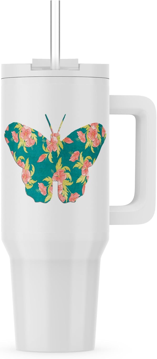 Image of Unique Teal and Peach Butterfly With Flower Pattern, 40oz Tumbler