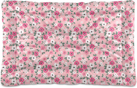 Pink Floral Pet Bed Pad Soft Dog Bed Mat with Anti-Slip Bottom, Machine Washable Crate Pad Mattress for Dog Sleeping