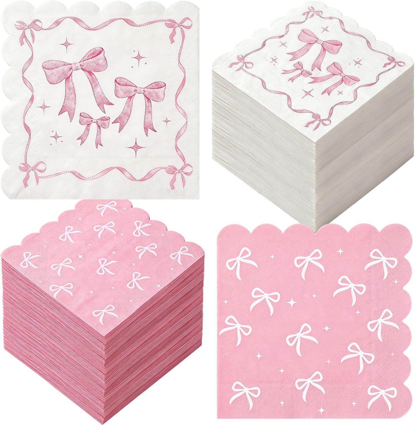 50 Pack Pink Bow Napkins Bulk, 2 Style Coquette Bow Disposable Soft Paper Napkins with Scalloped Edge, Bow Party Supplies for Baby Shower Bridal Shower Tea Birthday Party Table Decor