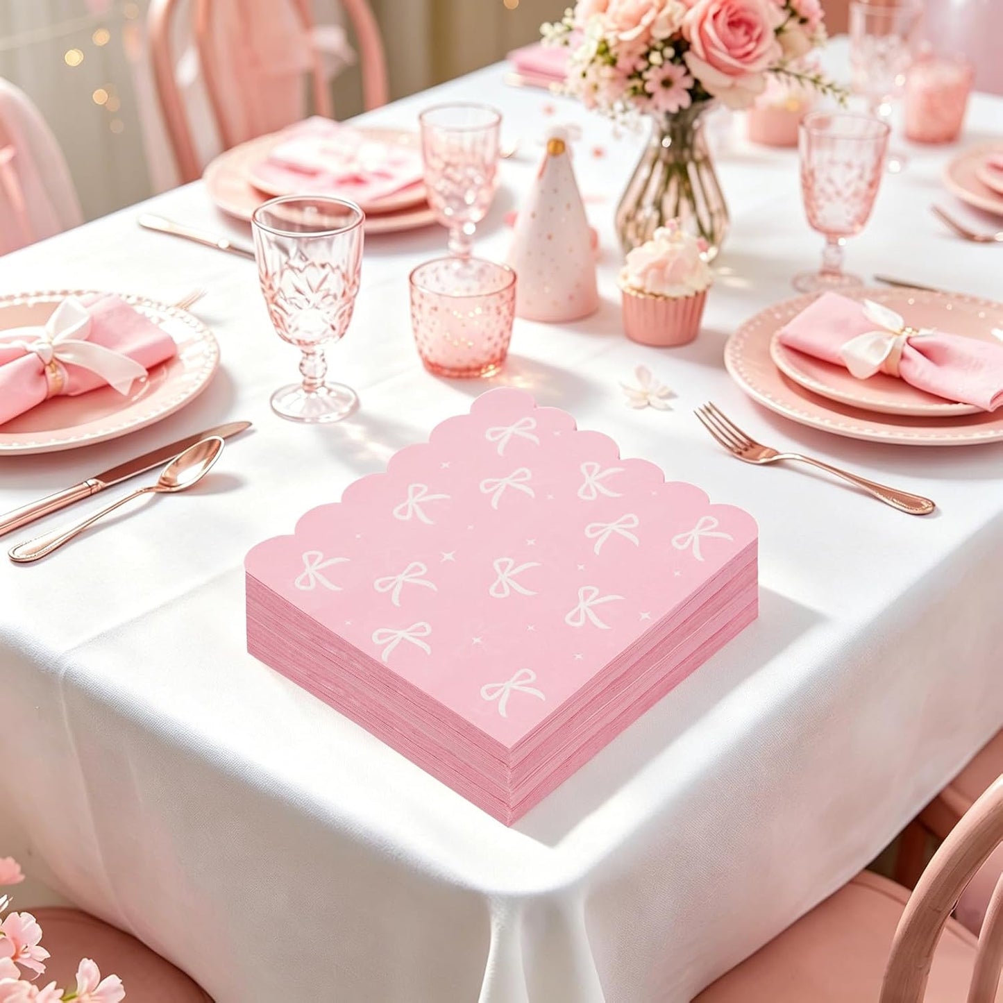 50 Pack Pink Bow Napkins Bulk, 2 Style Coquette Bow Disposable Soft Paper Napkins with Scalloped Edge, Bow Party Supplies for Baby Shower Bridal Shower Tea Birthday Party Table Decor