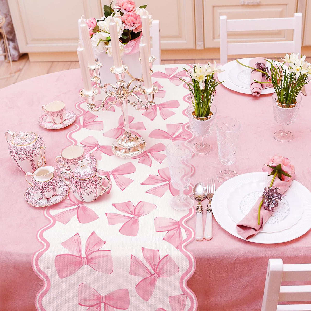 Pink Bow Table Runner Bowknot Scalloped Kitchen Dining Table Cover Coquette Bow Decoration for Indoor Outdoor Home Party Supplies, 13 x 90 Inch