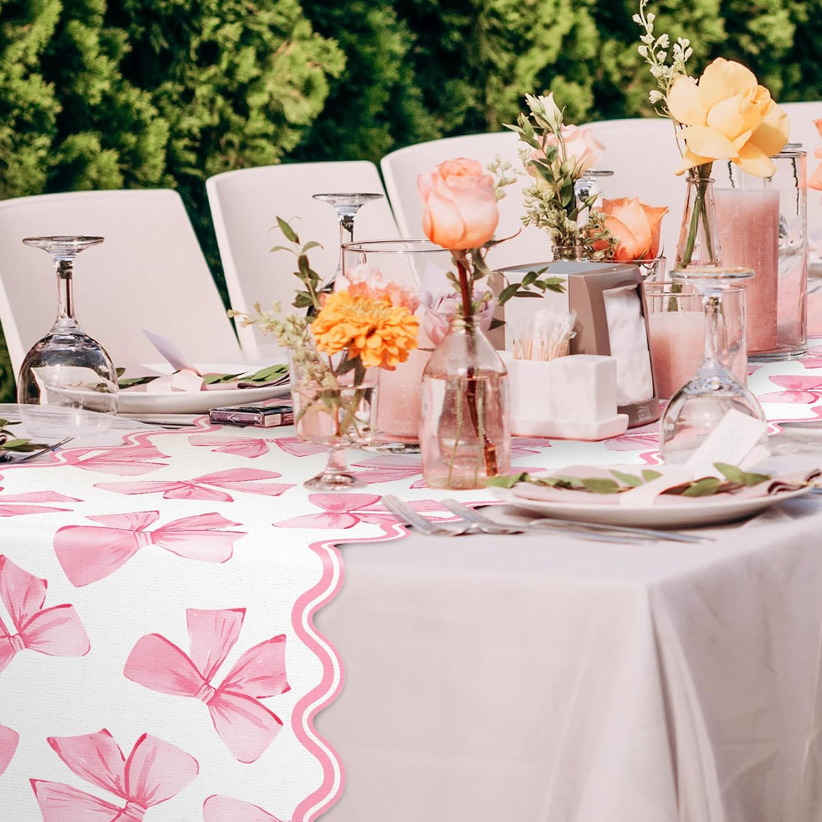 Pink Bow Table Runner Bowknot Scalloped Kitchen Dining Table Cover Coquette Bow Decoration for Indoor Outdoor Home Party Supplies, 13 x 90 Inch