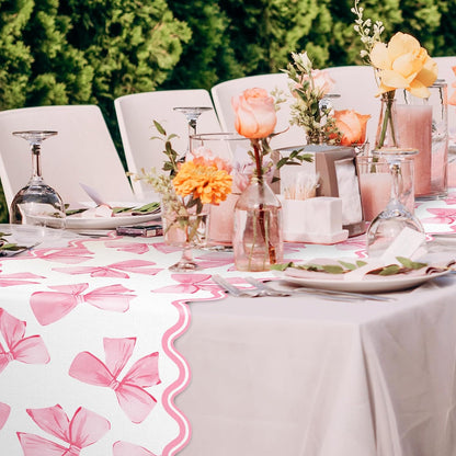 Pink Bow Table Runner Bowknot Scalloped Kitchen Dining Table Cover Coquette Bow Decoration for Indoor Outdoor Home Party Supplies, 13 x 90 Inch