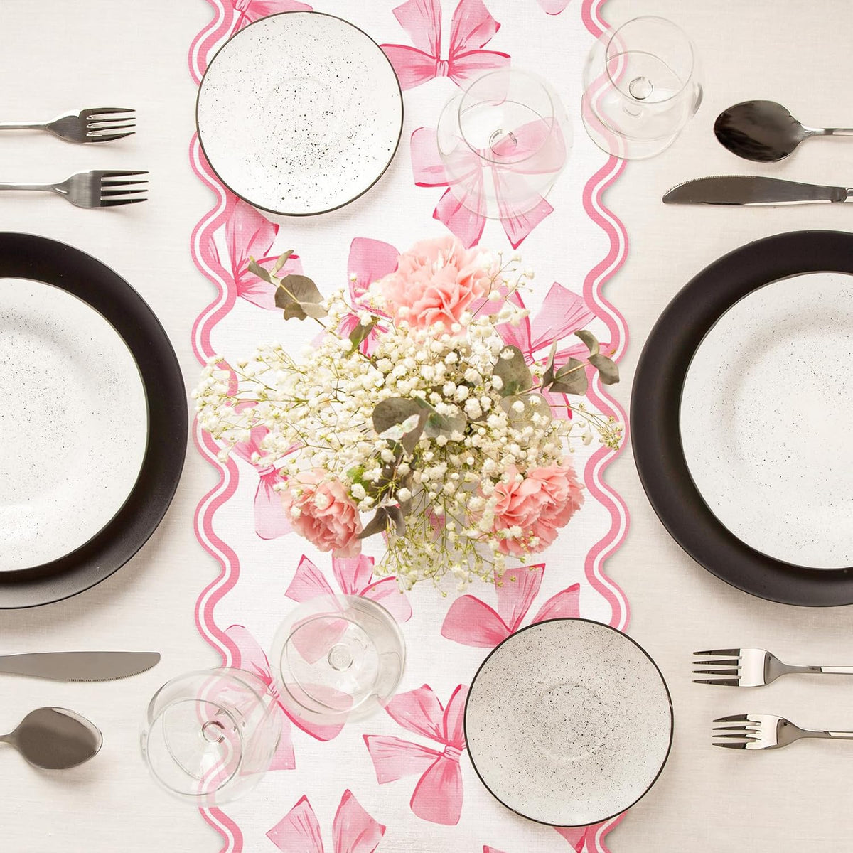 Pink Bow Table Runner Bowknot Scalloped Kitchen Dining Table Cover Coquette Bow Decoration for Indoor Outdoor Home Party Supplies, 13 x 90 Inch