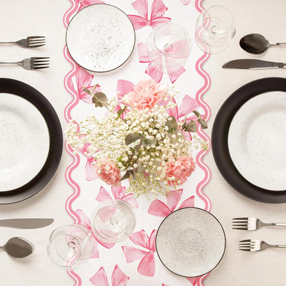 Pink Bow Table Runner Bowknot Scalloped Kitchen Dining Table Cover Coquette Bow Decoration for Indoor Outdoor Home Party Supplies, 13 x 90 Inch