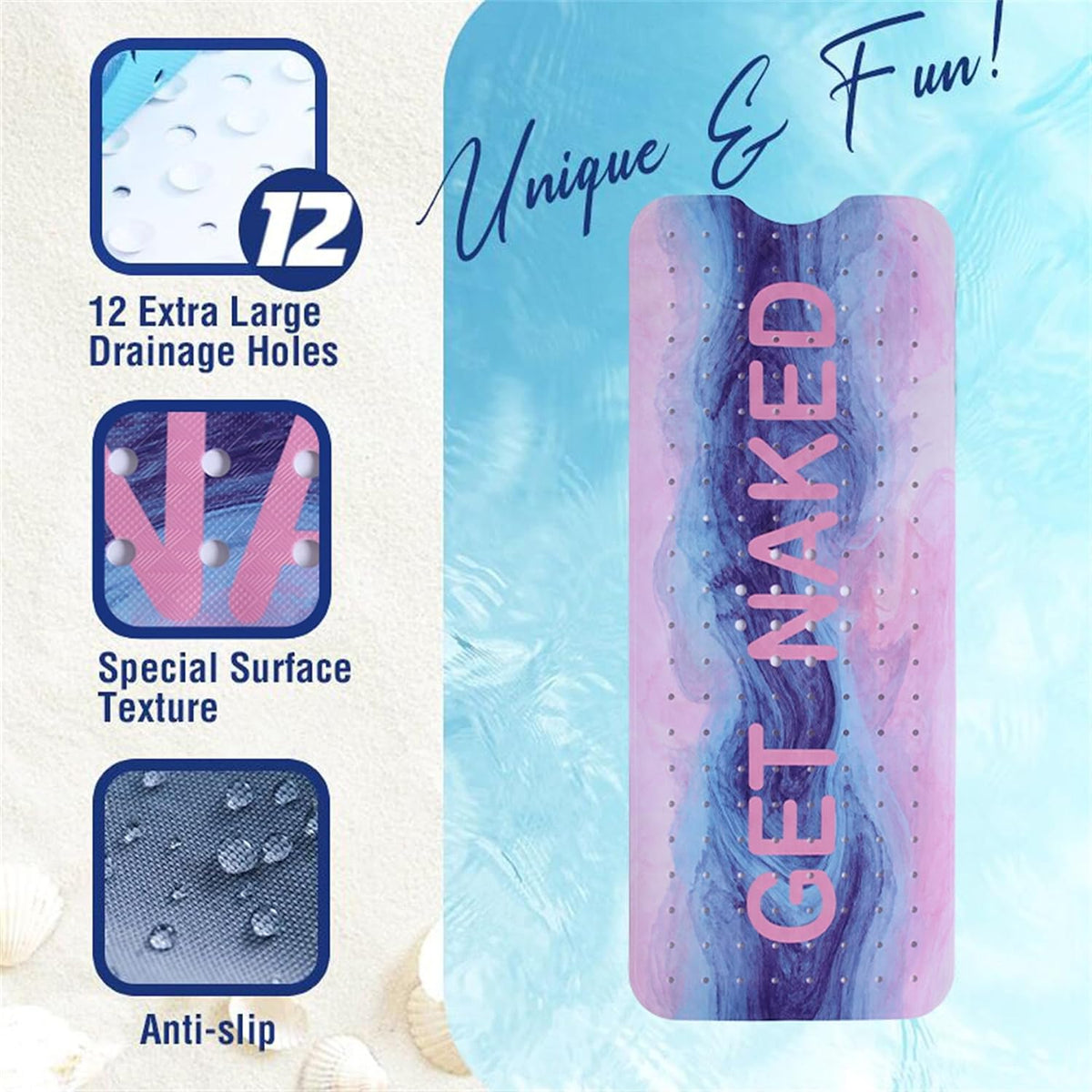 Pink Blue Bathtub Mat Non Slip 40x16in Extra Long Marble Bath Mat for Tub