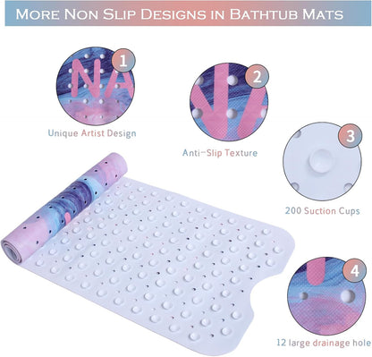 Pink Blue Bathtub Mat Non Slip 40x16in Extra Long Marble Bath Mat for Tub