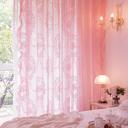 Bright Pink Lace Curtains 84 Inches Long 2 Panels Set, Boho Sheer Florals Scallop Ruffled, Shabby Chic Pretty Window Treatment Pair Decor Drapes for Girl's Bedroom Nursery Room W57 x L84