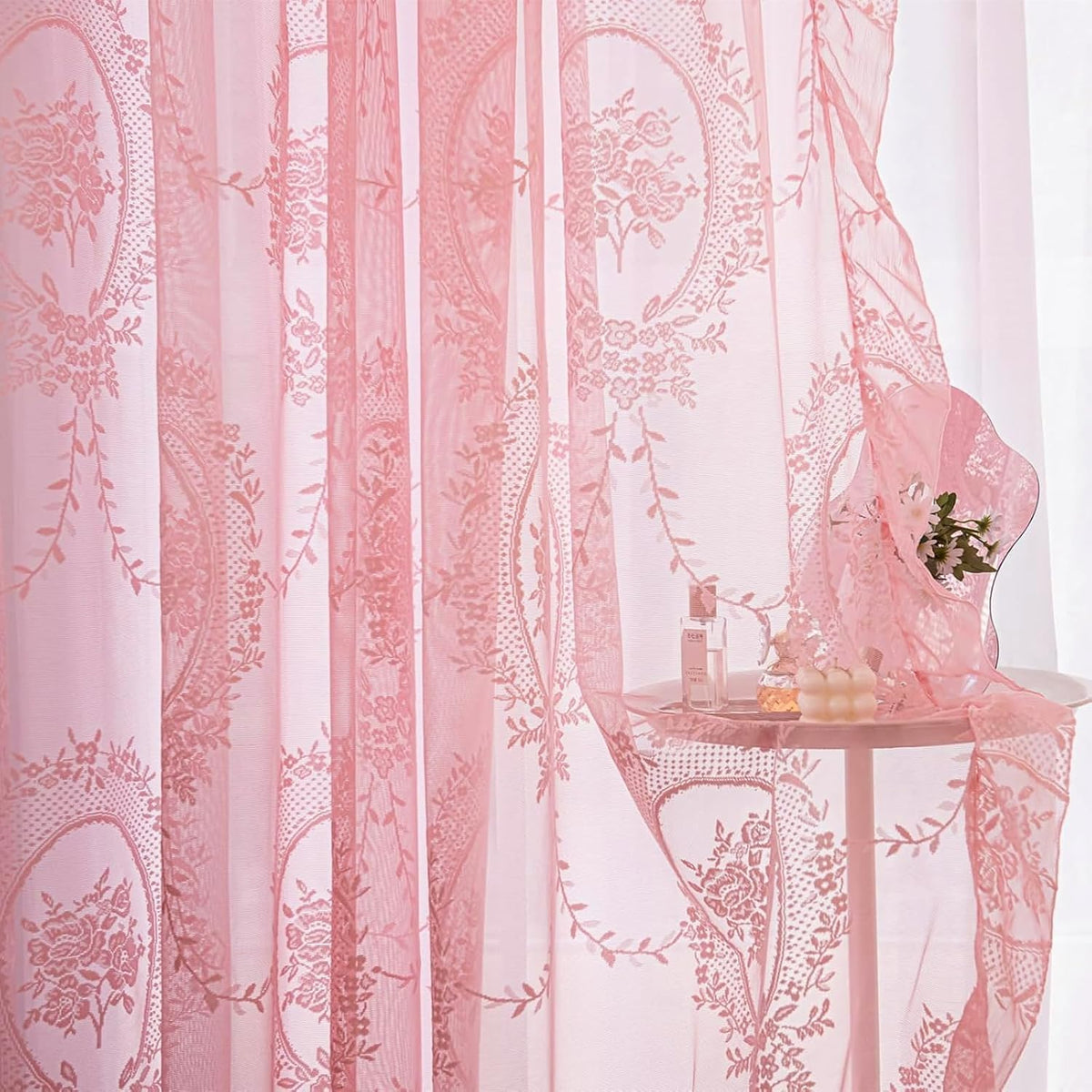 Bright Pink Lace Curtains 84 Inches Long 2 Panels Set, Boho Sheer Florals Scallop Ruffled, Shabby Chic Pretty Window Treatment Pair Decor Drapes for Girl's Bedroom Nursery Room W57 x L84