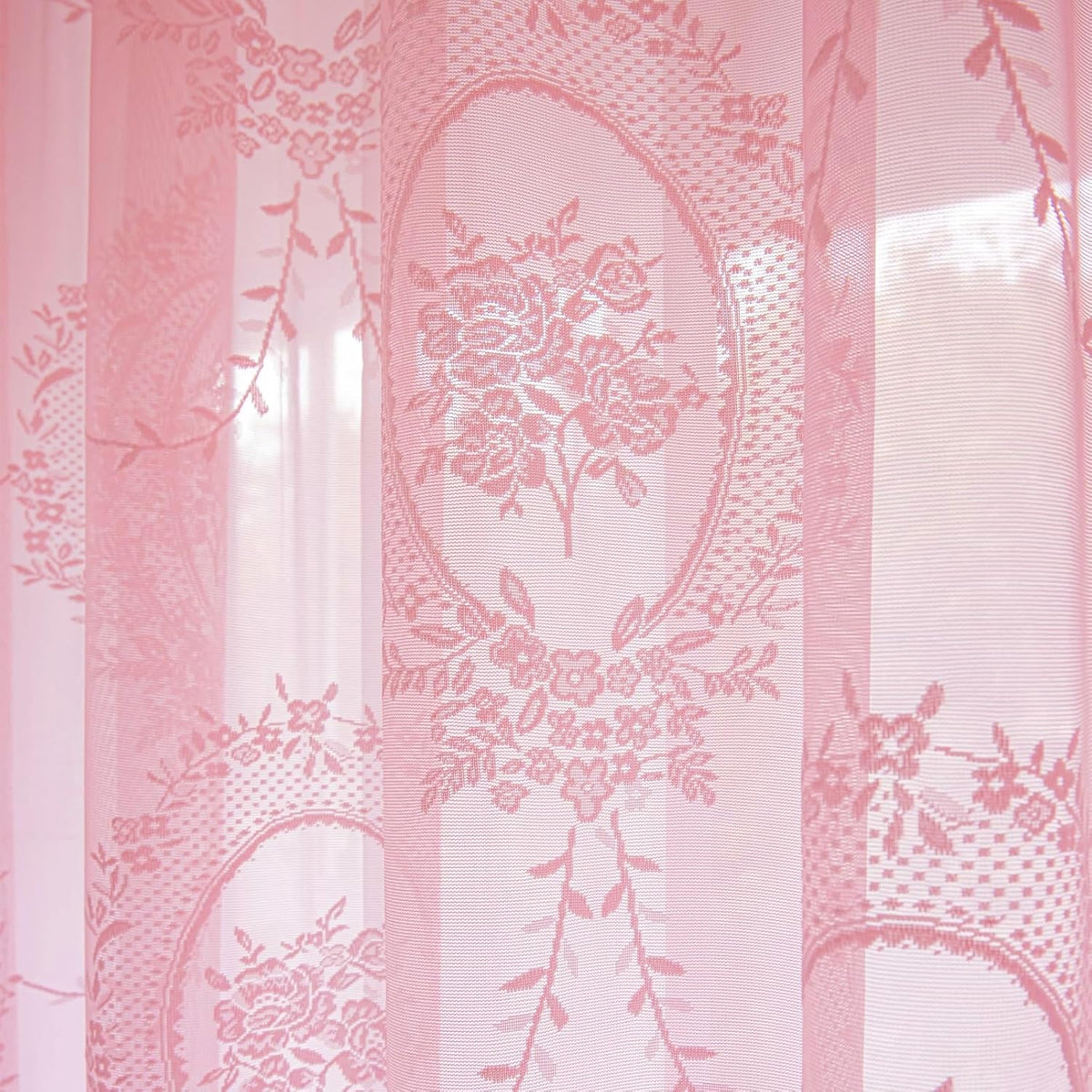 Bright Pink Lace Curtains 84 Inches Long 2 Panels Set, Boho Sheer Florals Scallop Ruffled, Shabby Chic Pretty Window Treatment Pair Decor Drapes for Girl's Bedroom Nursery Room W57 x L84
