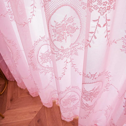 Bright Pink Lace Curtains 84 Inches Long 2 Panels Set, Boho Sheer Florals Scallop Ruffled, Shabby Chic Pretty Window Treatment Pair Decor Drapes for Girl's Bedroom Nursery Room W57 x L84