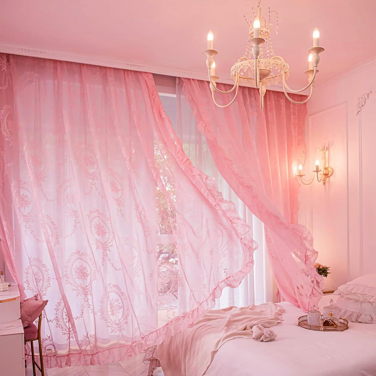 Bright Pink Lace Curtains 84 Inches Long 2 Panels Set, Boho Sheer Florals Scallop Ruffled, Shabby Chic Pretty Window Treatment Pair Decor Drapes for Girl's Bedroom Nursery Room W57 x L84