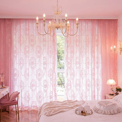Bright Pink Lace Curtains 84 Inches Long 2 Panels Set, Boho Sheer Florals Scallop Ruffled, Shabby Chic Pretty Window Treatment Pair Decor Drapes for Girl's Bedroom Nursery Room W57 x L84