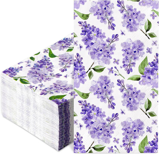 JarThenaAMCS 100Pcs Watercolor Floral Guest Napkins Purple Lilac Flower Disposable Napkins Dinner Paper Hand Towels for Bathroom Wedding Birthday Party Table Supplies