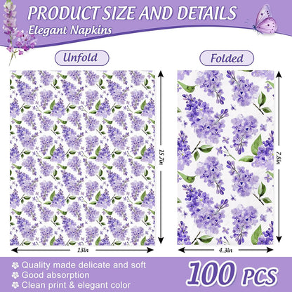 JarThenaAMCS 100Pcs Watercolor Floral Guest Napkins Purple Lilac Flower Disposable Napkins Dinner Paper Hand Towels for Bathroom Wedding Birthday Party Table Supplies
