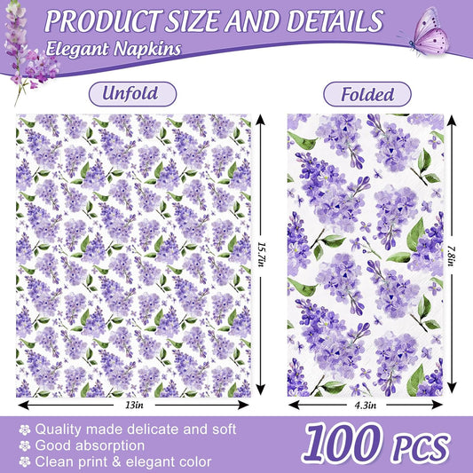 JarThenaAMCS 100Pcs Watercolor Floral Guest Napkins Purple Lilac Flower Disposable Napkins Dinner Paper Hand Towels for Bathroom Wedding Birthday Party Table Supplies