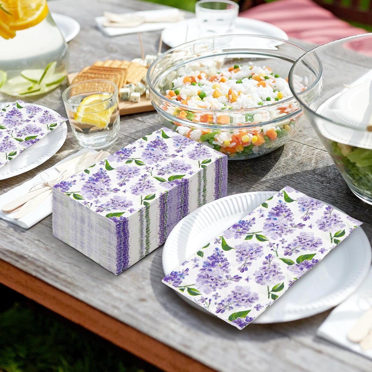 JarThenaAMCS 100Pcs Watercolor Floral Guest Napkins Purple Lilac Flower Disposable Napkins Dinner Paper Hand Towels for Bathroom Wedding Birthday Party Table Supplies