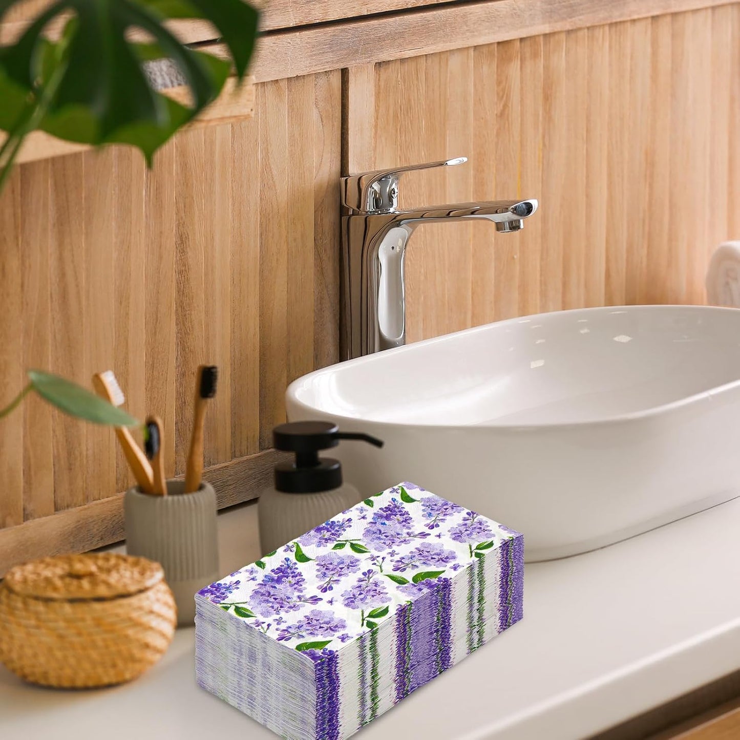 JarThenaAMCS 100Pcs Watercolor Floral Guest Napkins Purple Lilac Flower Disposable Napkins Dinner Paper Hand Towels for Bathroom Wedding Birthday Party Table Supplies