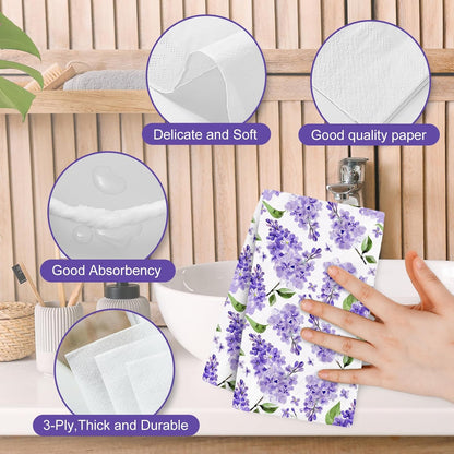JarThenaAMCS 100Pcs Watercolor Floral Guest Napkins Purple Lilac Flower Disposable Napkins Dinner Paper Hand Towels for Bathroom Wedding Birthday Party Table Supplies