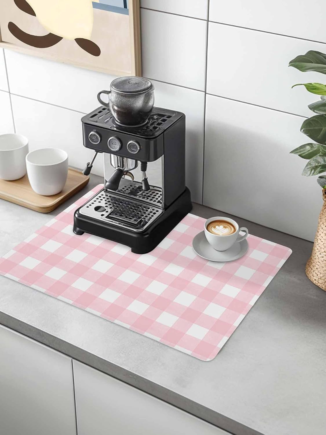 Pink Buffalo Coffee Mat Plaid Absorbent Bar Mat for Coffee Maker and Espresso Machine, Hide Stain Rubber Backed Dish Drying Mats for Kitchen Counter, 12"x20"