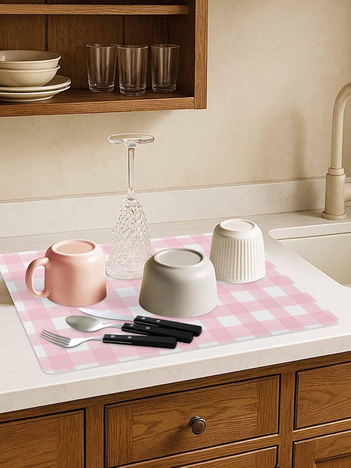 Pink Buffalo Coffee Mat Plaid Absorbent Bar Mat for Coffee Maker and Espresso Machine, Hide Stain Rubber Backed Dish Drying Mats for Kitchen Counter, 12"x20"