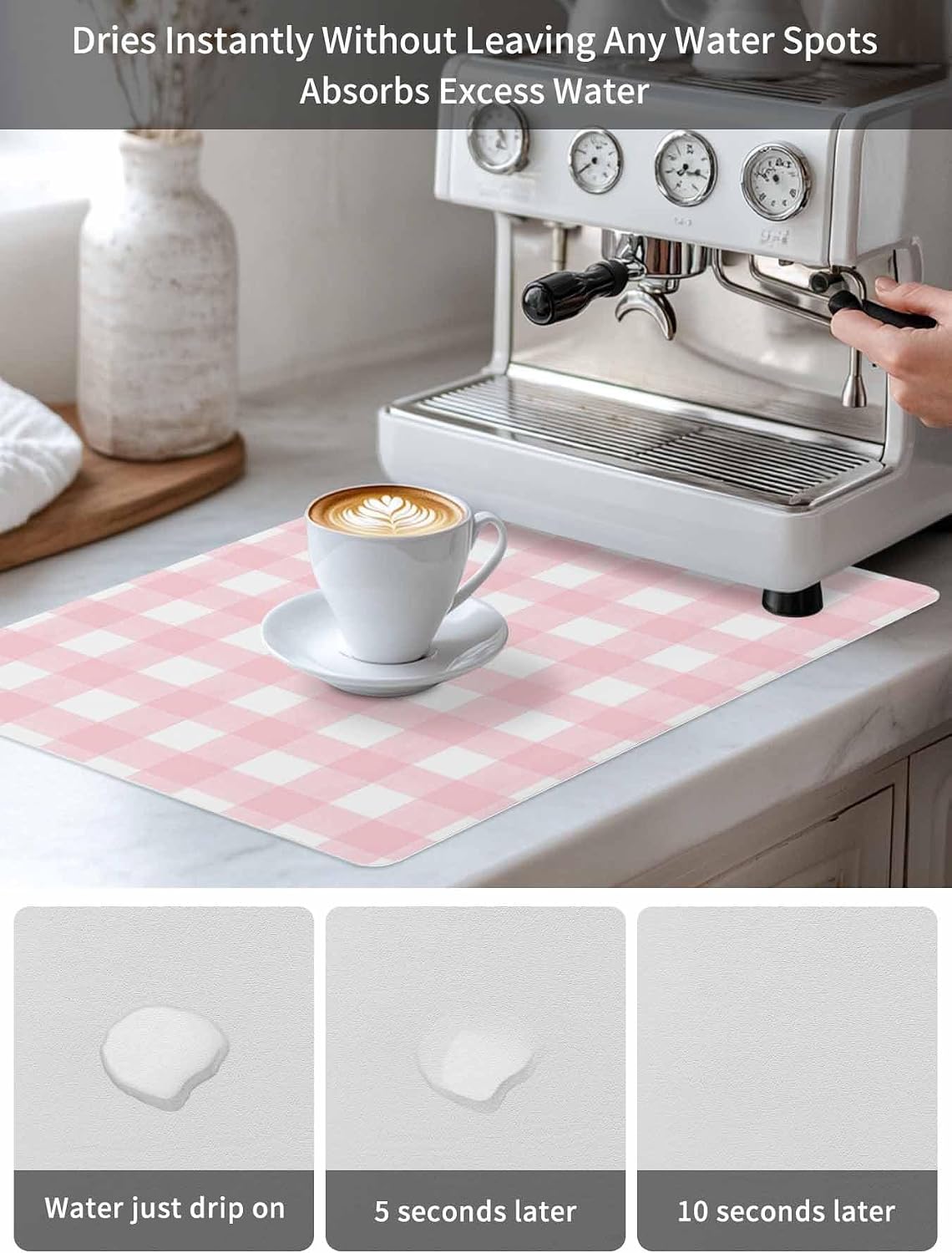 Pink Buffalo Coffee Mat Plaid Absorbent Bar Mat for Coffee Maker and Espresso Machine, Hide Stain Rubber Backed Dish Drying Mats for Kitchen Counter, 12"x20"