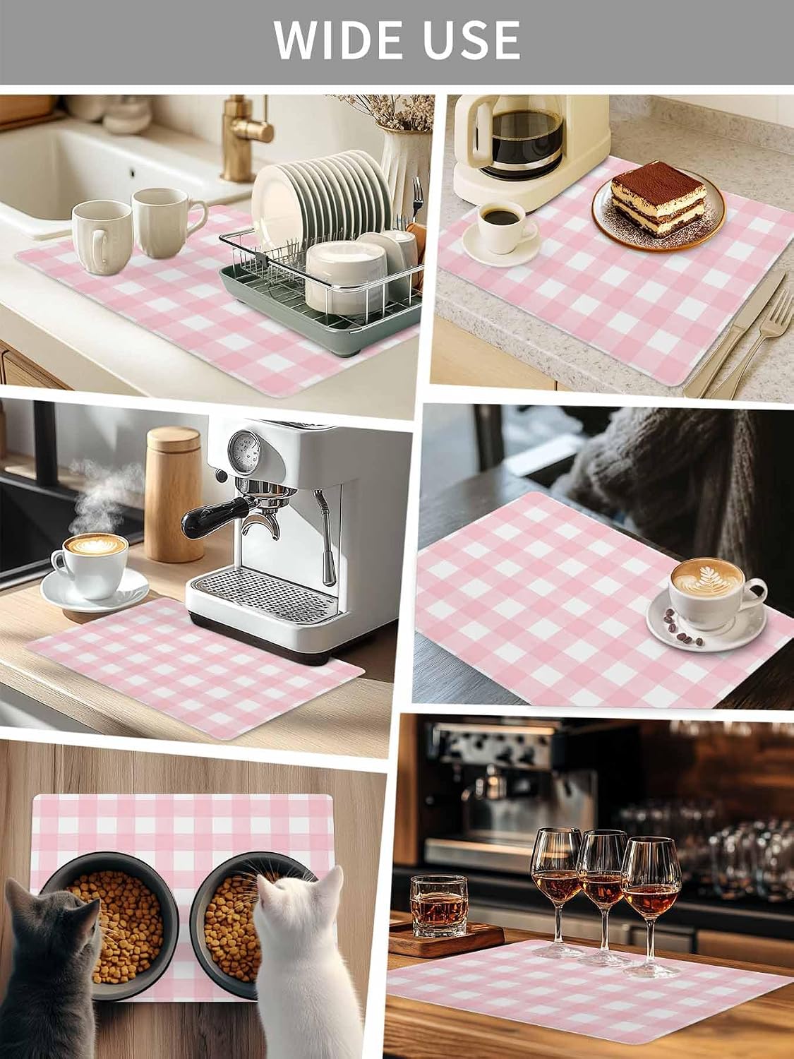 Pink Buffalo Coffee Mat Plaid Absorbent Bar Mat for Coffee Maker and Espresso Machine, Hide Stain Rubber Backed Dish Drying Mats for Kitchen Counter, 12"x20"