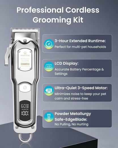 M&M STAR Dog Clippers for Grooming Thick Heavy Coats, All-Metal Body Low Noise Cordless Rechargeable Dog Hair Trimmer, Stainless Steel Blade, Professional Pet Grooming Kit for Dogs & Cats (Silver)