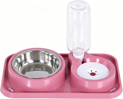 Non-Slip Dog Cat Food and Water Bowls Set with Water Dispenser | Dog Bowls Detachable Stainless Steel Bowl Gravity Pet Feeder and Waterer Set Automatic Water Refill for Cat Dog Puppy Rabbit