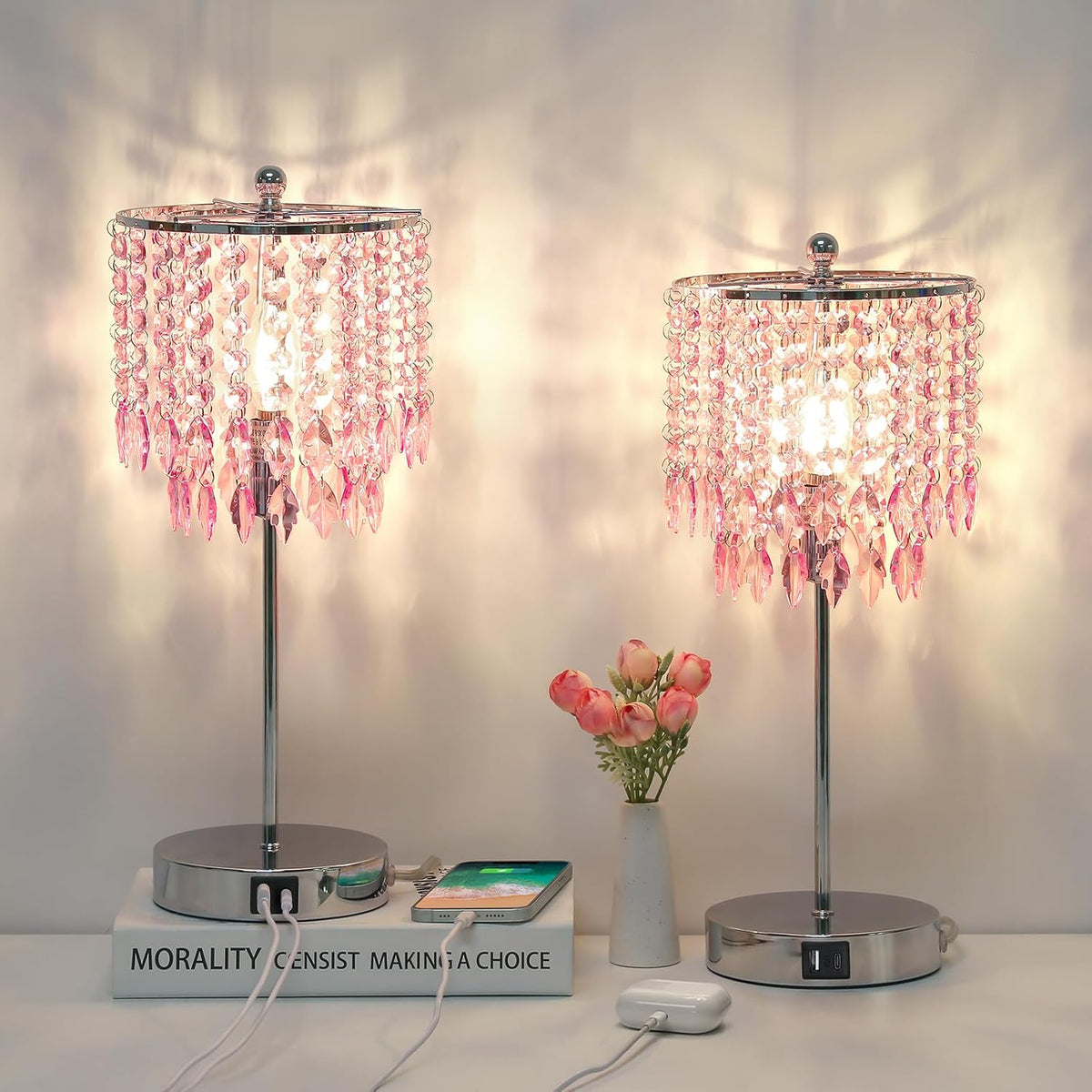 Pink Crystal Lamps, Touch Control Crystal Table Lamp with Dual USB Charging Ports, 3 Way Dimmable Bedside Lamp Decorative Nightstand Lamp for Girls Bedroom, Living Room, B11 LED Bulb Included