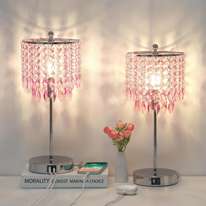 Pink Crystal Lamps, Touch Control Crystal Table Lamp with Dual USB Charging Ports, 3 Way Dimmable Bedside Lamp Decorative Nightstand Lamp for Girls Bedroom, Living Room, B11 LED Bulb Included