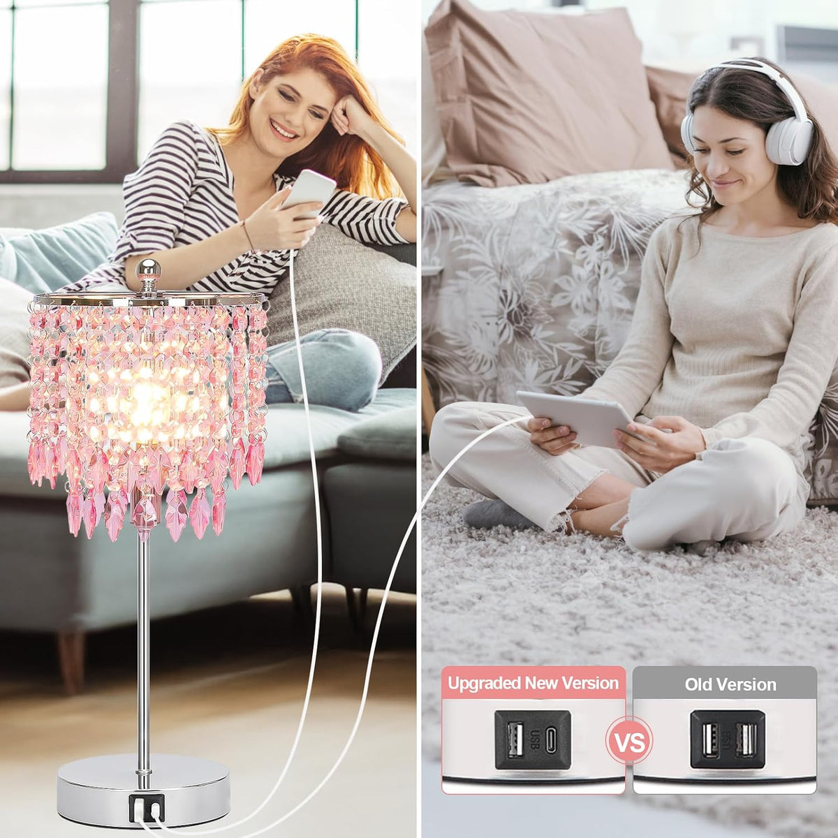 Pink Crystal Lamps, Touch Control Crystal Table Lamp with Dual USB Charging Ports, 3 Way Dimmable Bedside Lamp Decorative Nightstand Lamp for Girls Bedroom, Living Room, B11 LED Bulb Included