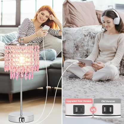 Pink Crystal Lamps, Touch Control Crystal Table Lamp with Dual USB Charging Ports, 3 Way Dimmable Bedside Lamp Decorative Nightstand Lamp for Girls Bedroom, Living Room, B11 LED Bulb Included