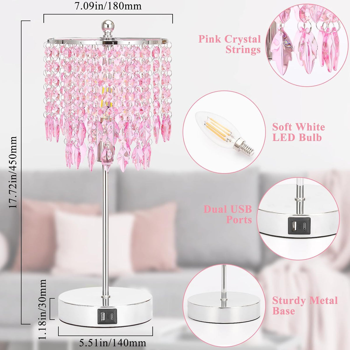Pink Crystal Lamps, Touch Control Crystal Table Lamp with Dual USB Charging Ports, 3 Way Dimmable Bedside Lamp Decorative Nightstand Lamp for Girls Bedroom, Living Room, B11 LED Bulb Included