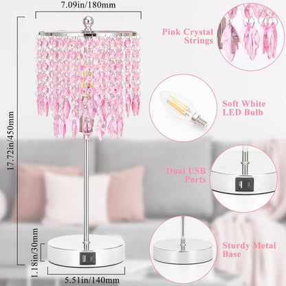 Pink Crystal Lamps, Touch Control Crystal Table Lamp with Dual USB Charging Ports, 3 Way Dimmable Bedside Lamp Decorative Nightstand Lamp for Girls Bedroom, Living Room, B11 LED Bulb Included