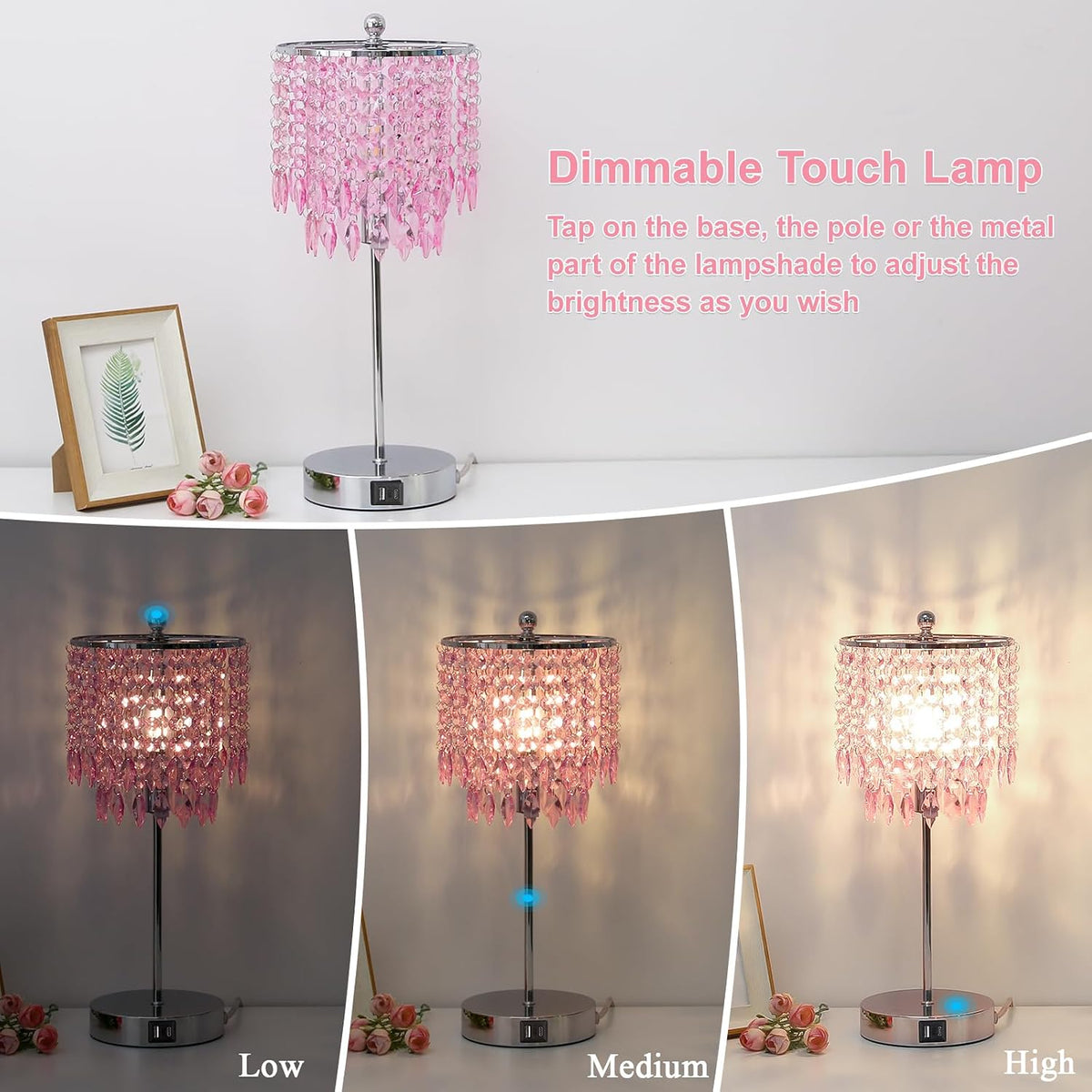 Pink Crystal Lamps, Touch Control Crystal Table Lamp with Dual USB Charging Ports, 3 Way Dimmable Bedside Lamp Decorative Nightstand Lamp for Girls Bedroom, Living Room, B11 LED Bulb Included