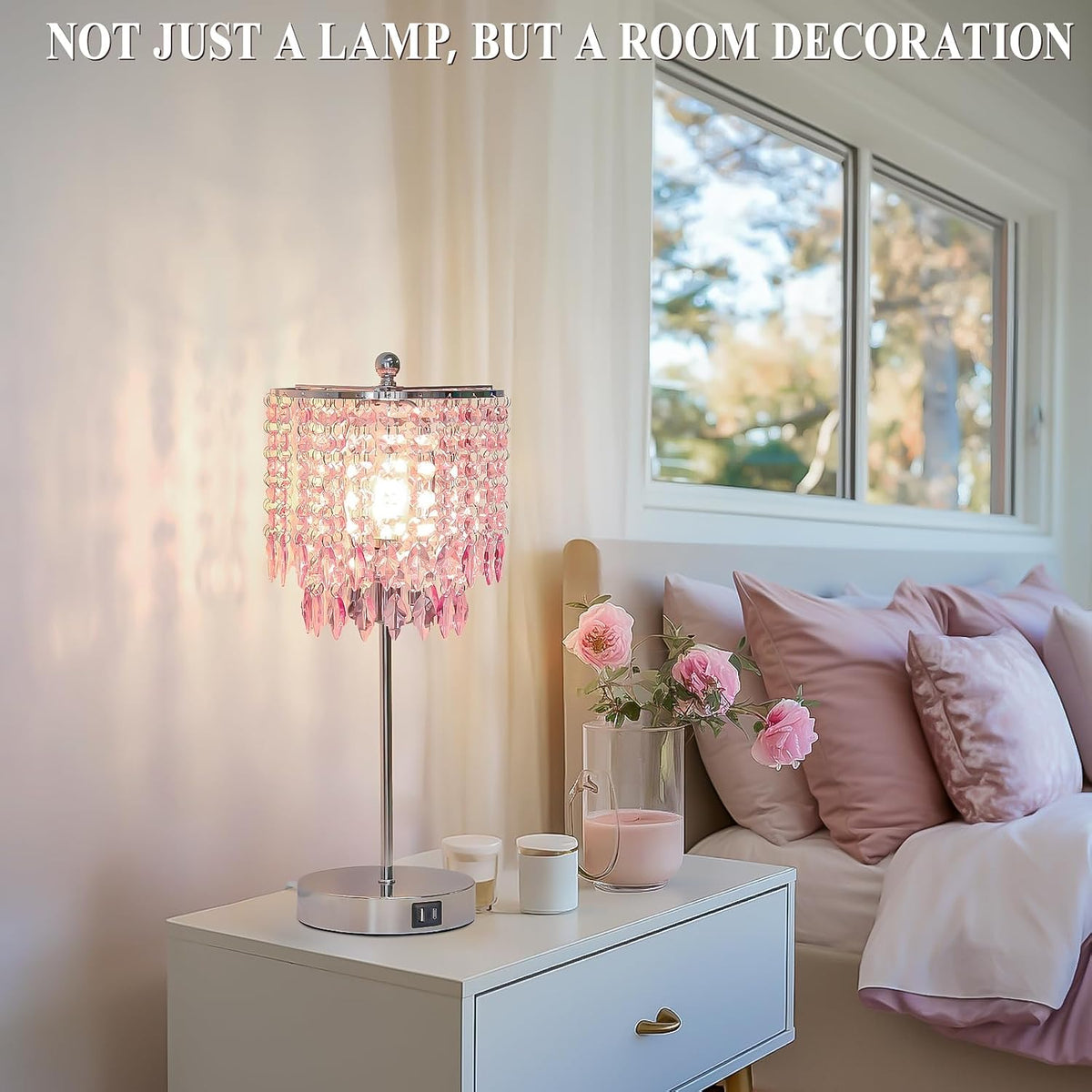 Pink Crystal Lamps, Touch Control Crystal Table Lamp with Dual USB Charging Ports, 3 Way Dimmable Bedside Lamp Decorative Nightstand Lamp for Girls Bedroom, Living Room, B11 LED Bulb Included